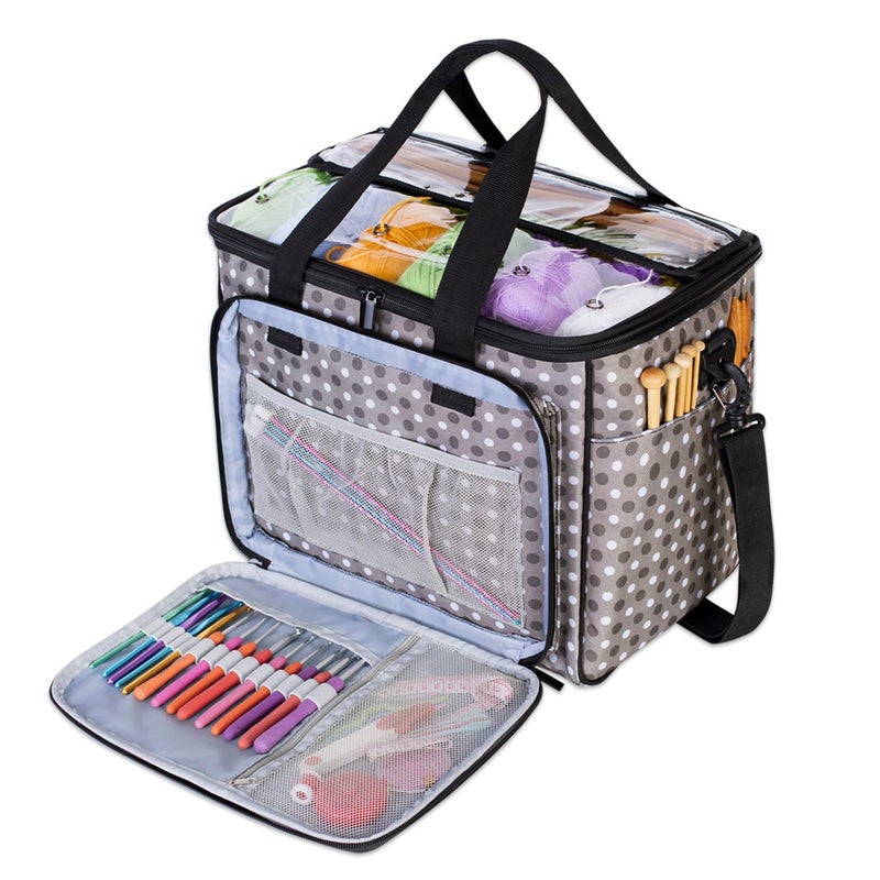 Teamoy Yarn Storage, Crochet Bag Organizer with Yarn Holes, Knitting Bag for Hooks, Knitting Needles(Up to 14"), Project and Supplies, Gray Dots - Image 1